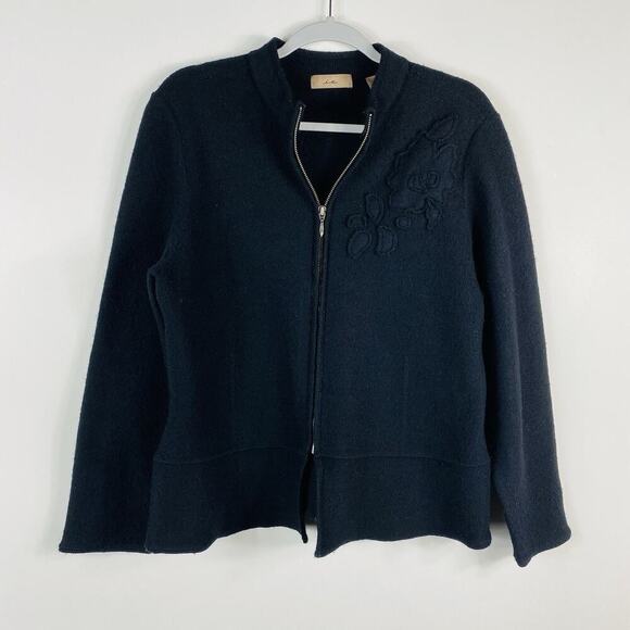 I.E. Size Large 100% Wool Flower Applique Full Zip Jacket Black - Picture 1 of 5